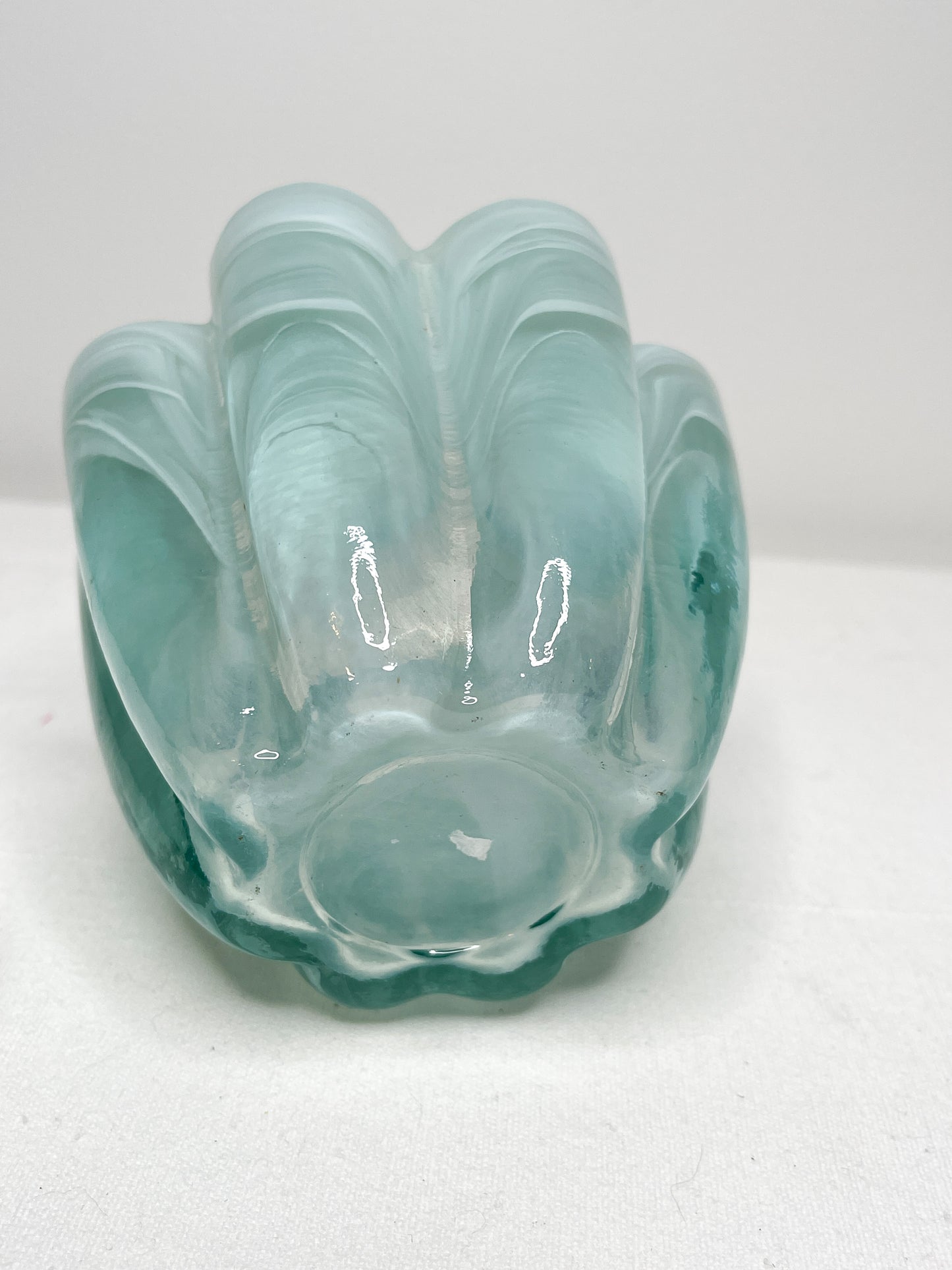 Vintage Teal Swirl Art Glass Votive Candle Holder| Swirl Aqua glass Flower Shaped Glass Vase
