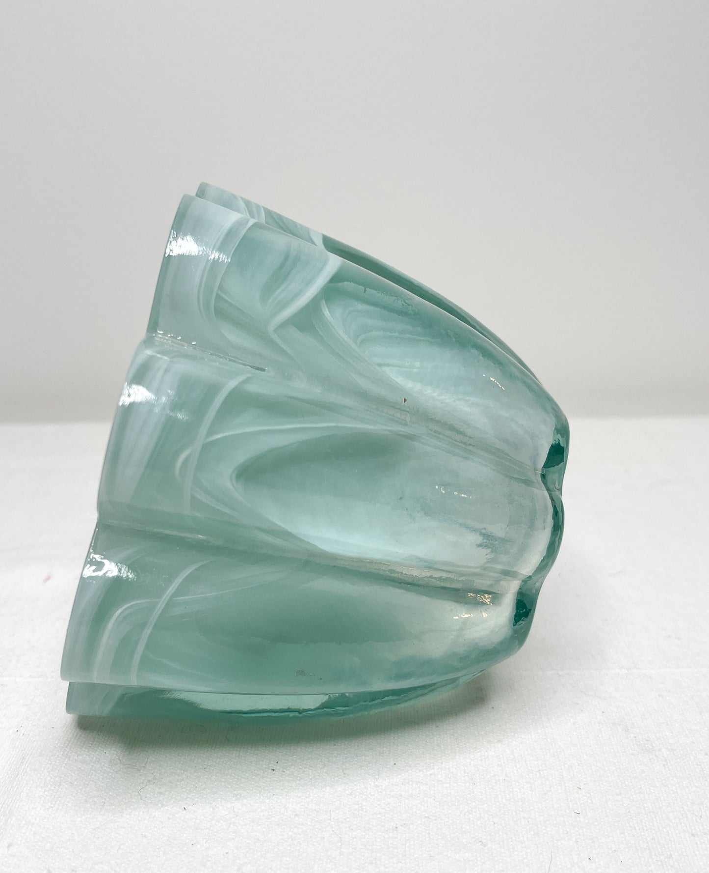 Vintage Teal Swirl Art Glass Votive Candle Holder| Swirl Aqua glass Flower Shaped Glass Vase