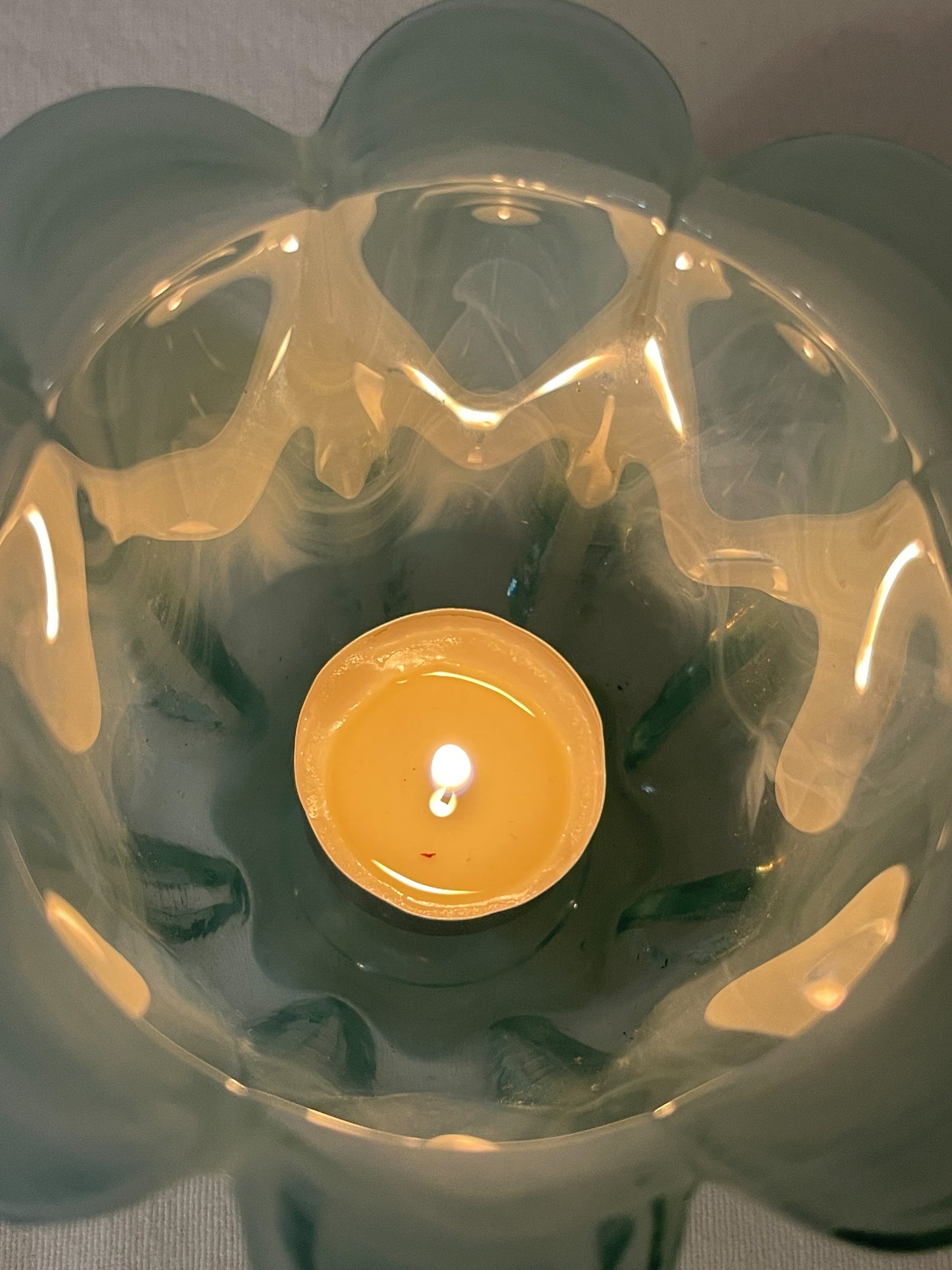 Vintage Teal Swirl Art Glass Votive Candle Holder| Swirl Aqua glass Flower Shaped Glass Vase