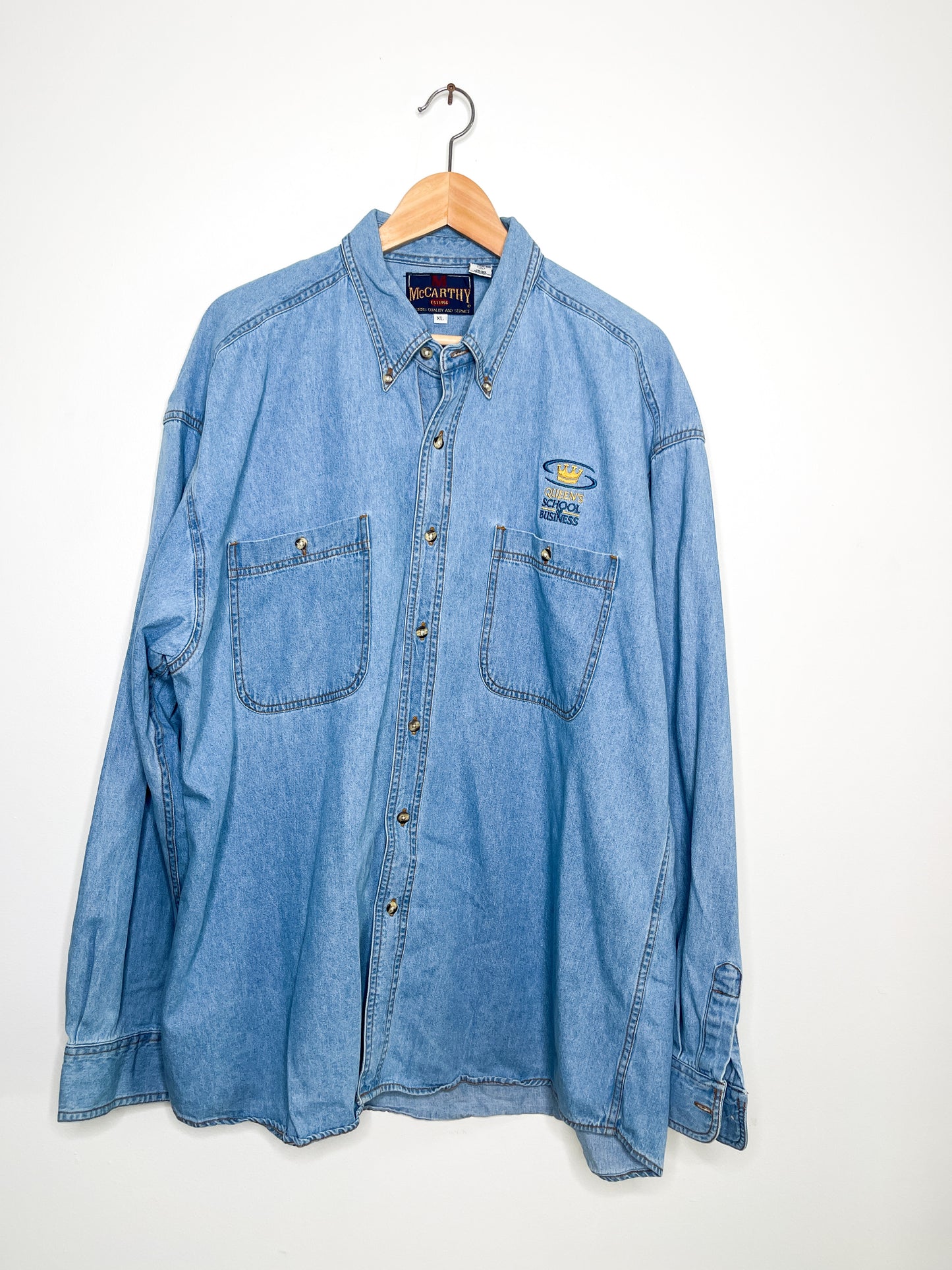 Vintage Queen's School of Business Denim Shirt| Denim shirt| Long sleeve Denim Shirt|