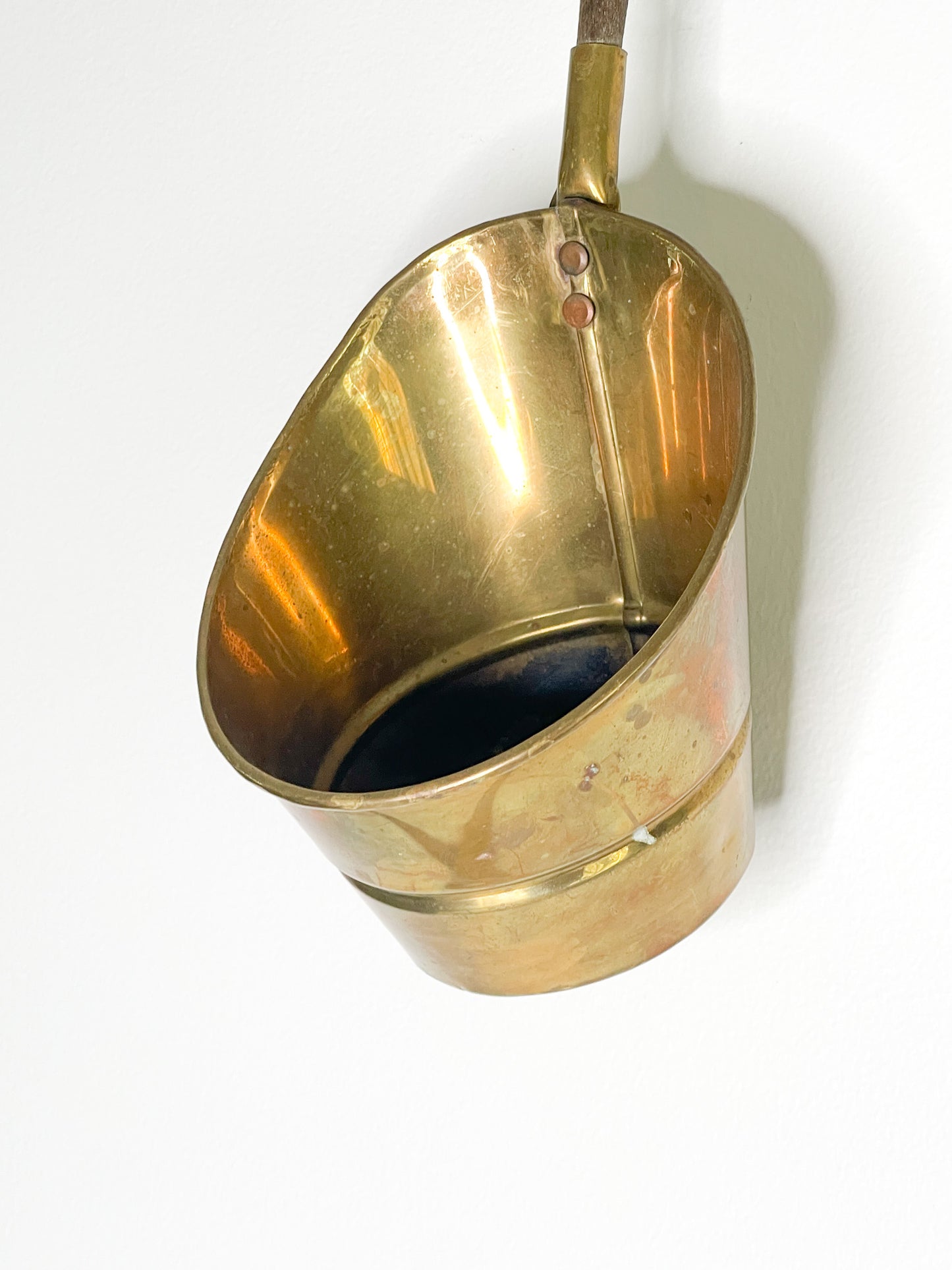 Brass Wall Hanging Ladle with Wooden Handle| Vintage Brass Farmhouse Kitchen Decor with carved wood handle