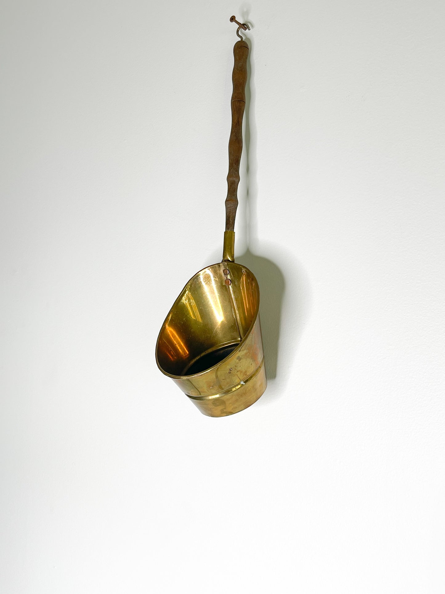 Brass Wall Hanging Ladle with Wooden Handle| Vintage Brass Farmhouse Kitchen Decor with carved wood handle