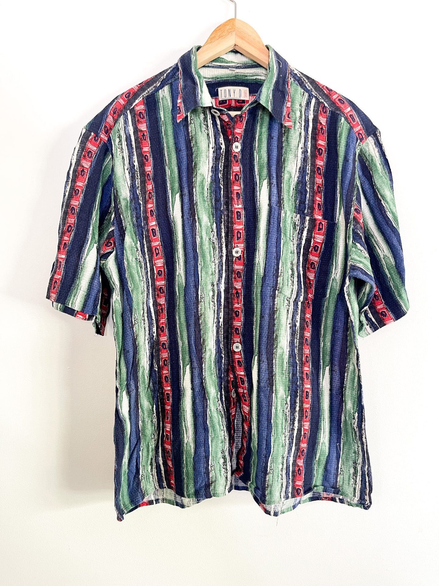Vintage Tony D. Shirts | Vintage Striped Abstracted Printed 1990s Short Sleeved Mens Shirt | Size 42 - 16.5
