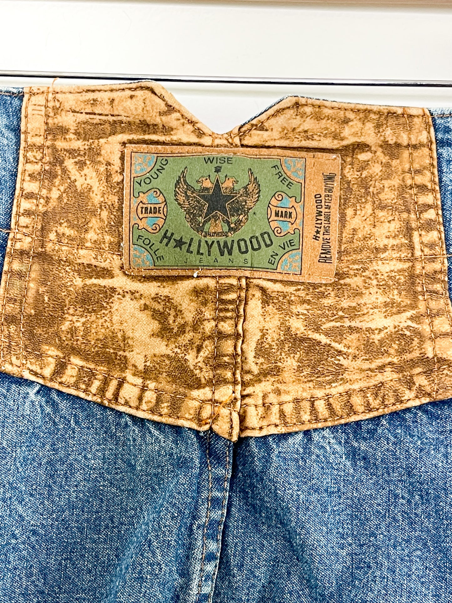 Vintage Hollywood Denim Skirt with Leather Detailing | Vintage Structured Denim Skirt | Size Small