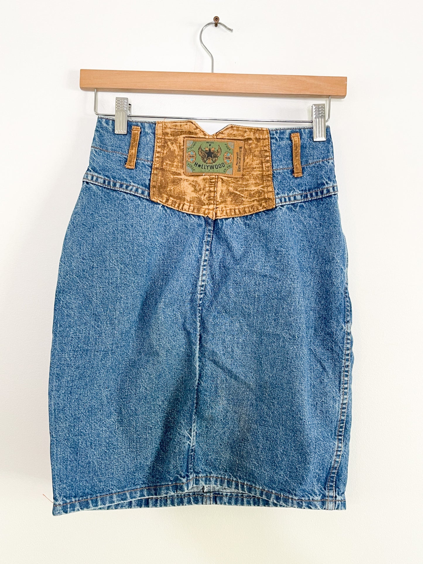 Vintage Hollywood Denim Skirt with Leather Detailing | Vintage Structured Denim Skirt | Size Small