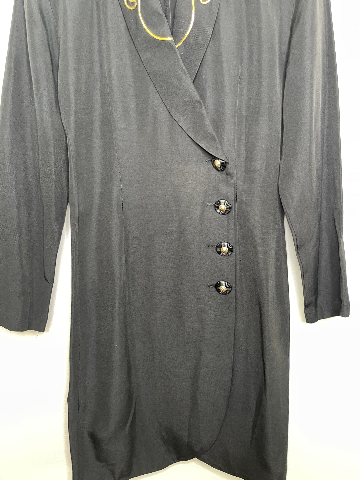 90s Amoretti Button Front Dress with Gold Detailing | Vintage Amoretti Black Dress