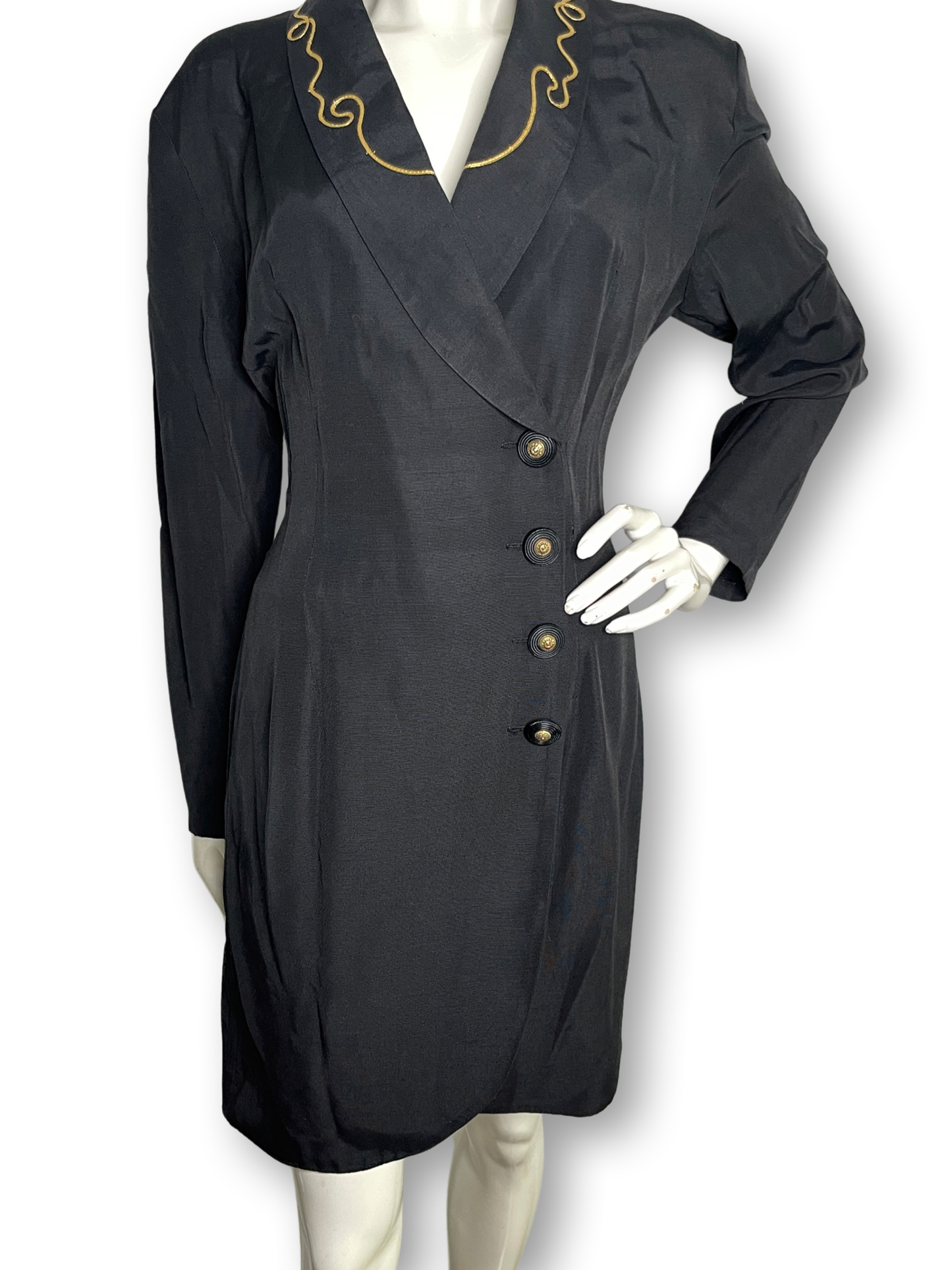 90s Amoretti Button Front Dress with Gold Detailing | Vintage Amoretti Black Dress