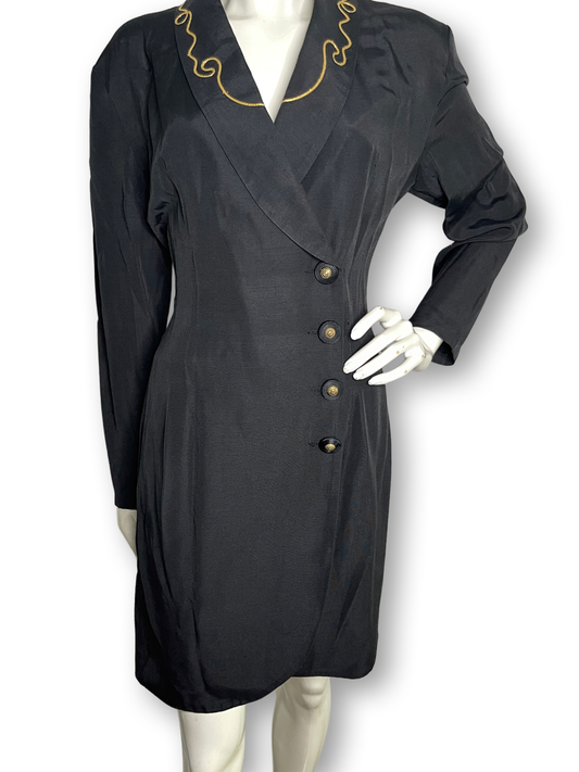 90s Amoretti Button Front Dress with Gold Detailing | Vintage Amoretti Black Dress