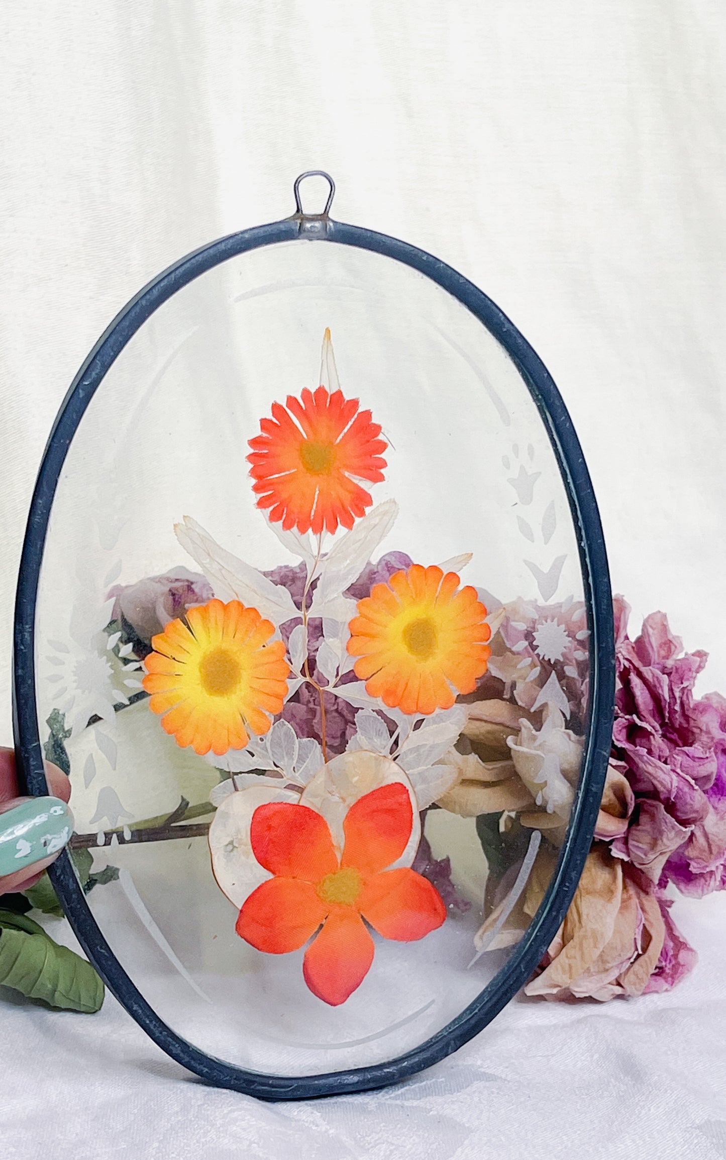 Vintage Etched Glass Artificial Pressed Flowers Suncatcher