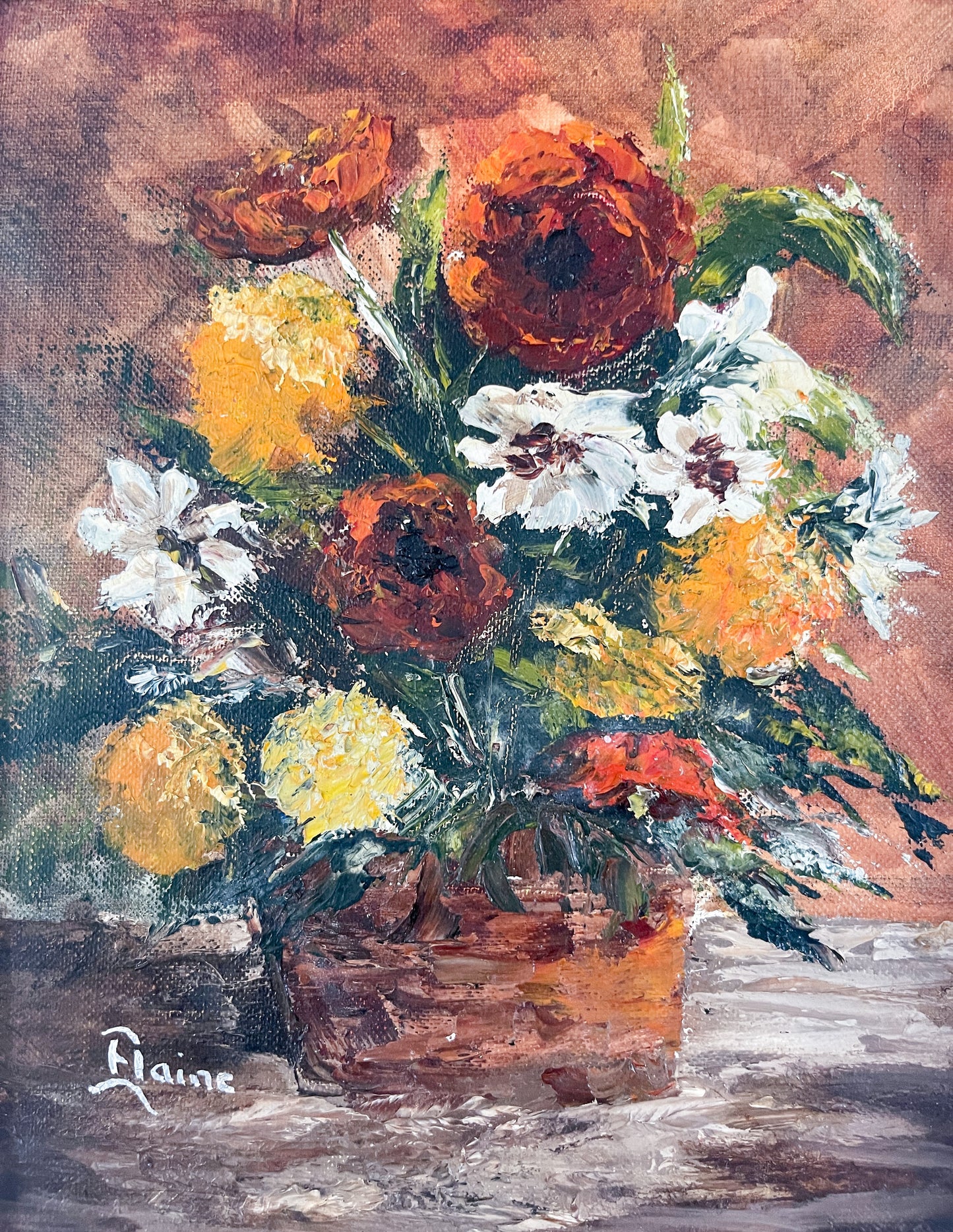Vintage Still Life Autumnal Floral Painting by Elaine
