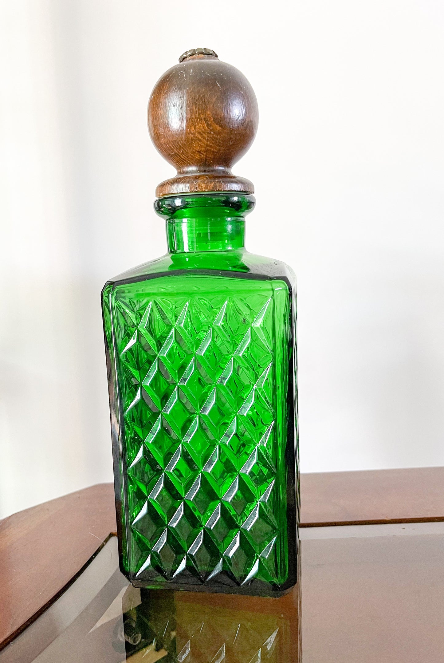 Vintage Emerald  Green Glass Decanter with Wooden Lid.