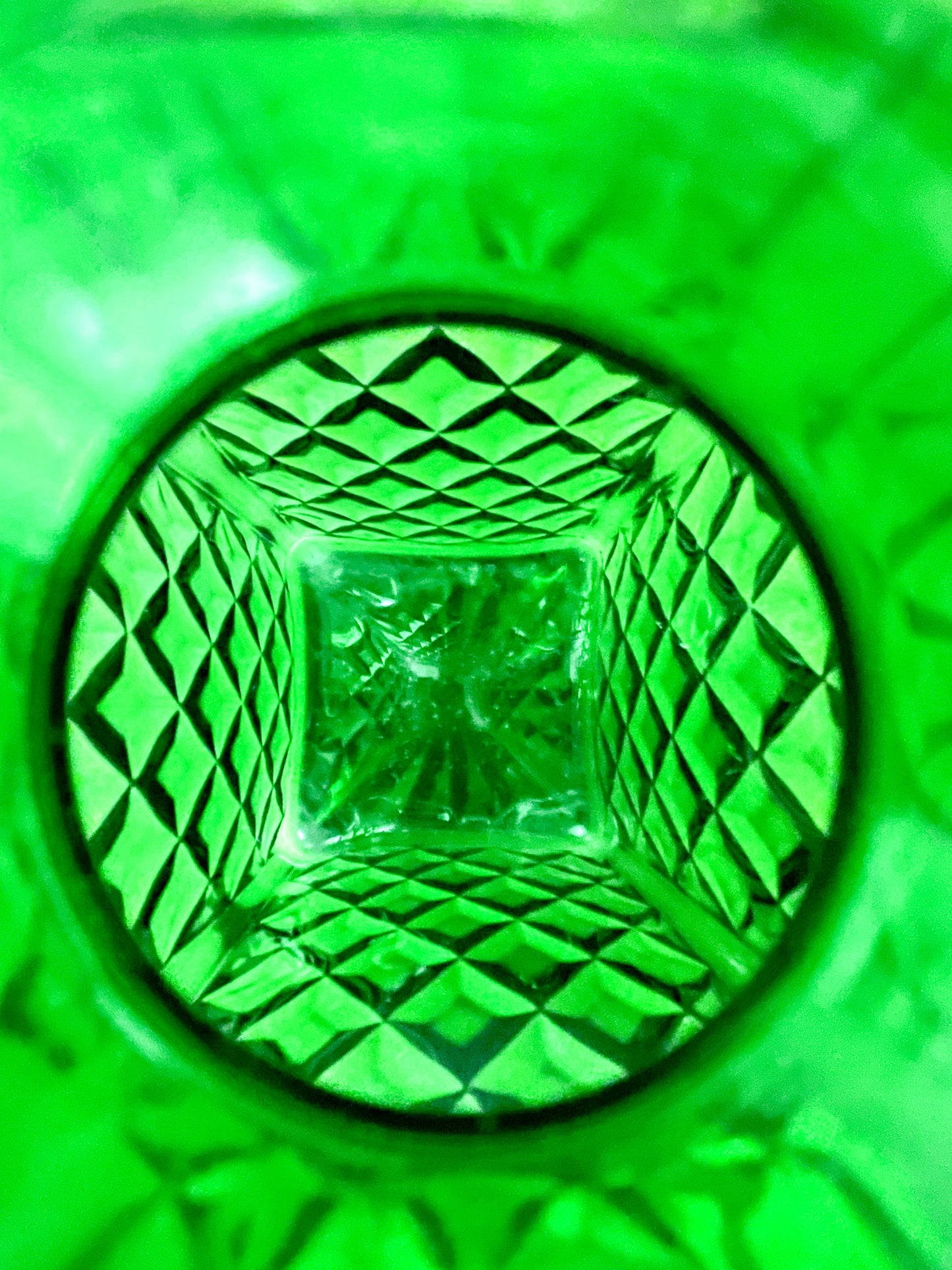 Vintage Emerald  Green Glass Decanter with Wooden Lid.