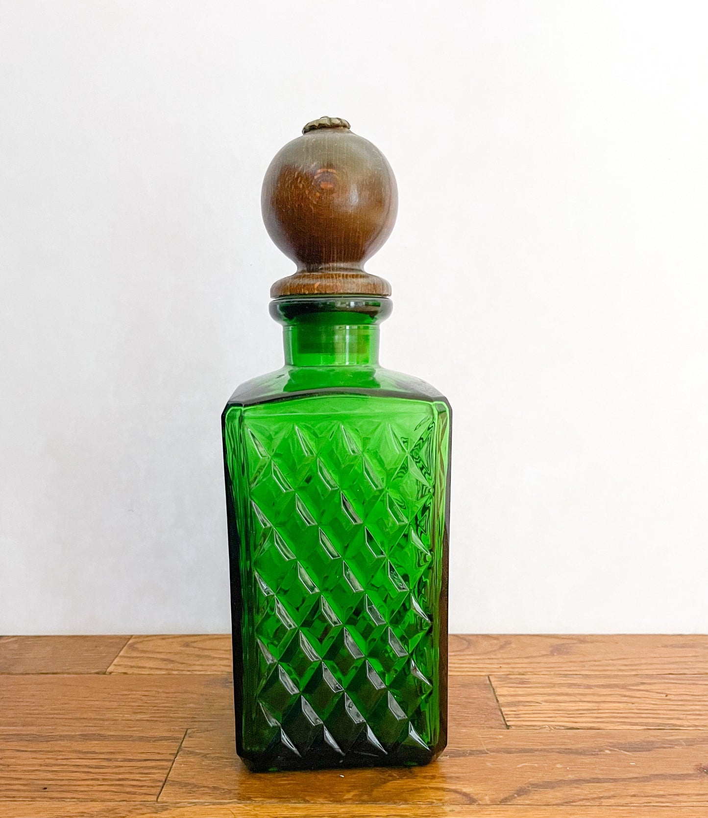 Vintage Emerald  Green Glass Decanter with Wooden Lid.