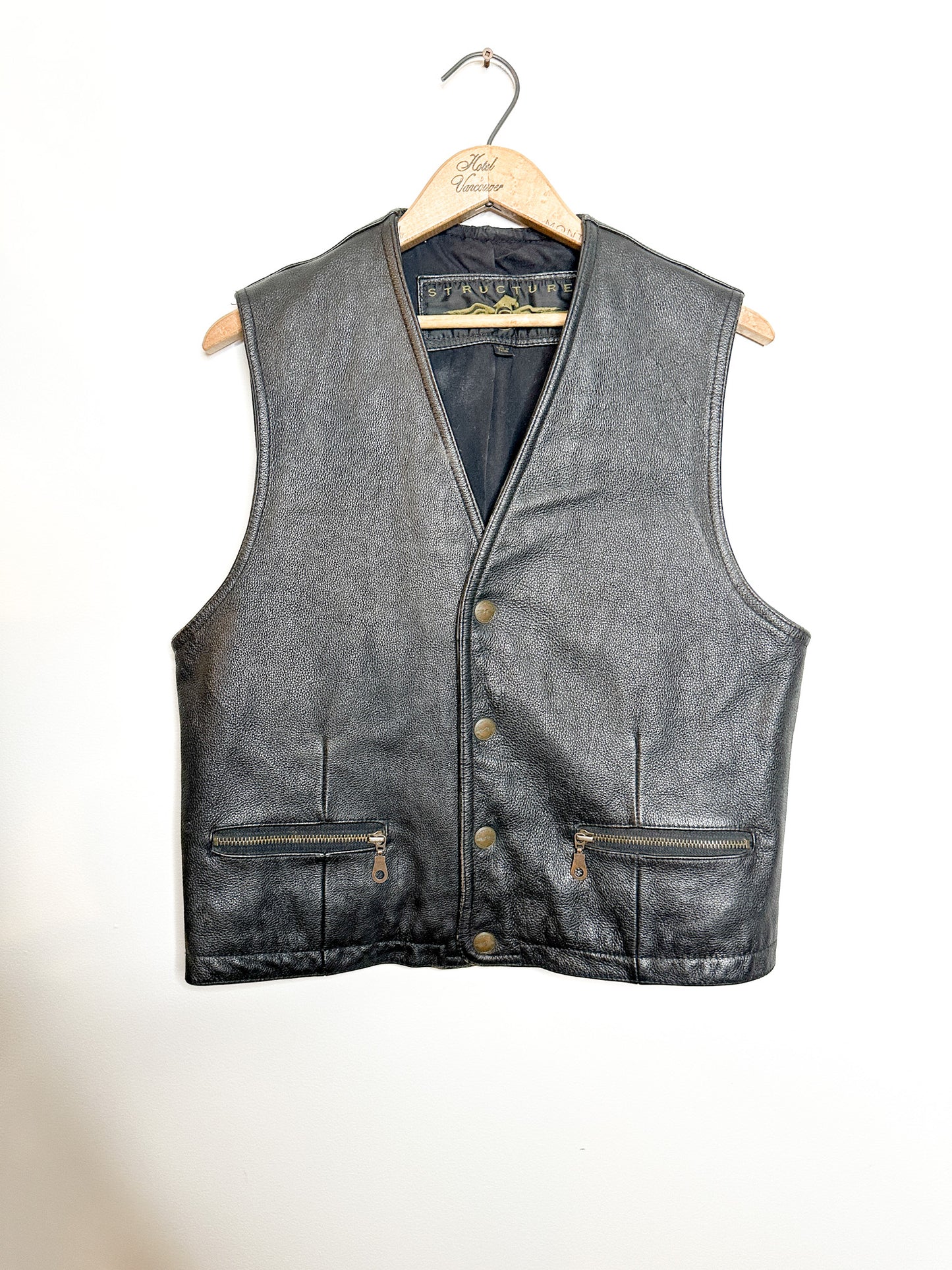 Vintage Structure Leather Vest with snap closure and Zipped Pockets | S