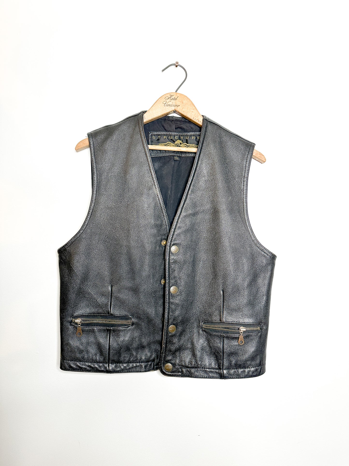 Vintage Structure Leather Vest with snap closure and Zipped Pockets | S