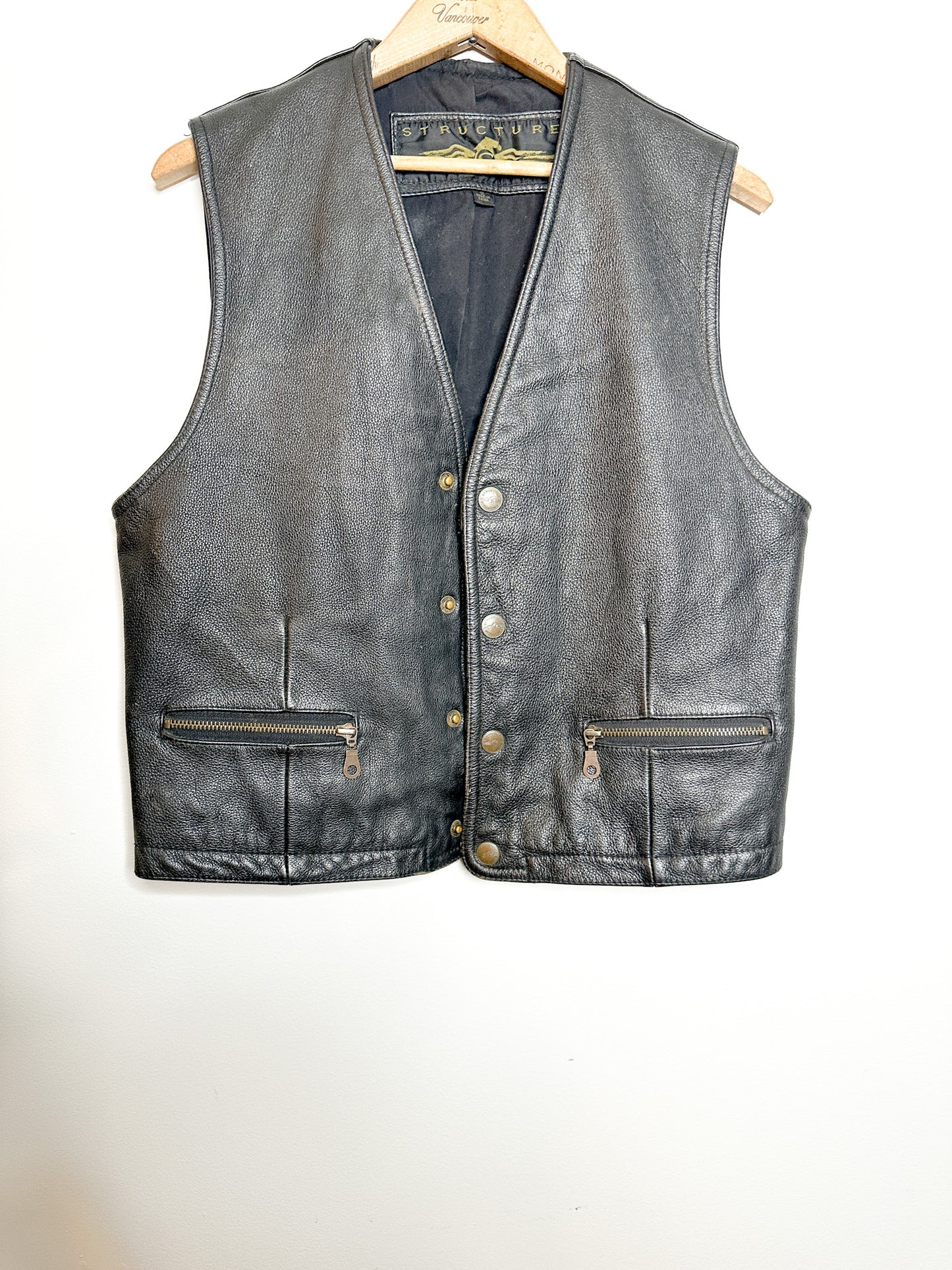 Vintage Structure Leather Vest with snap closure and Zipped Pockets | S