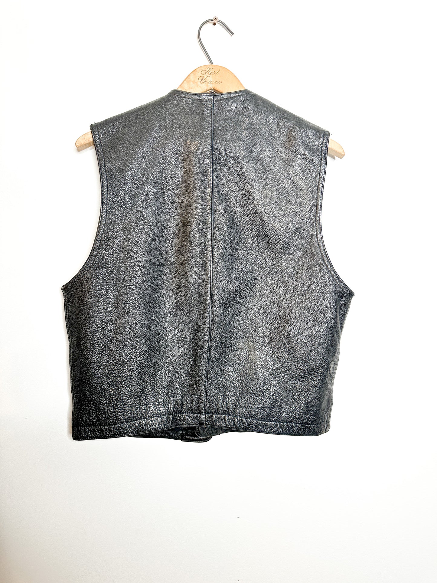 Vintage Structure Leather Vest with snap closure and Zipped Pockets | S