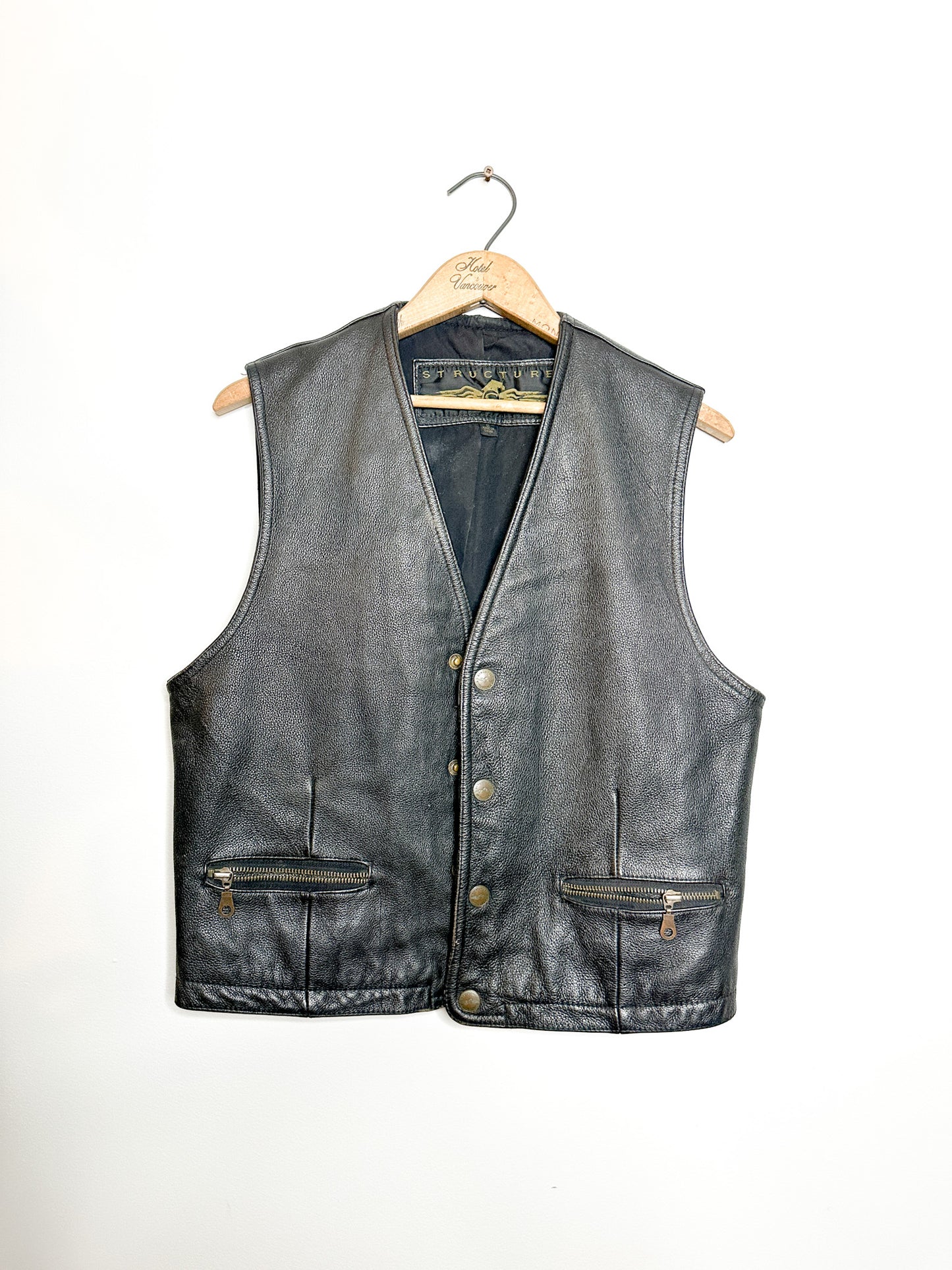 Vintage Structure Leather Vest with snap closure and Zipped Pockets | S