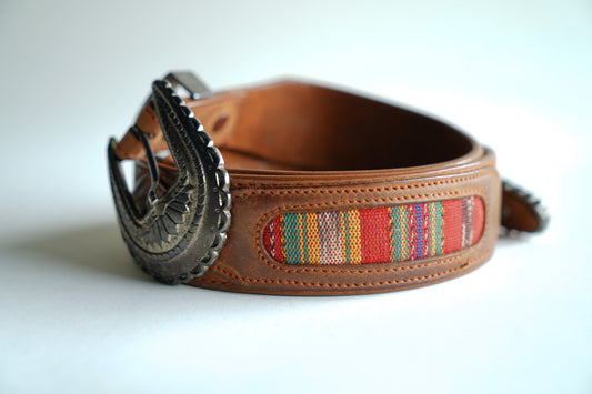 Vintage Western style leather belt with fabric detailing |