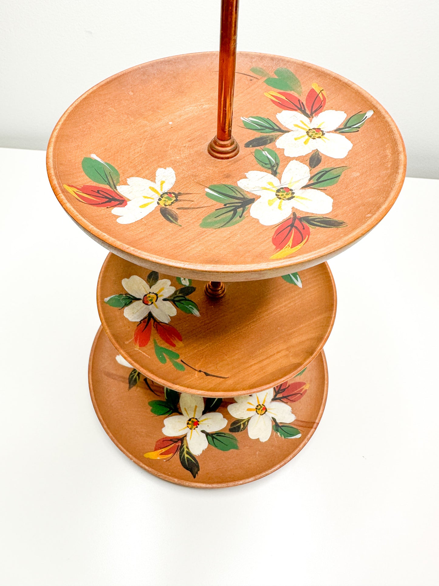 Vintage Wooden Three Tiered Dessert Stand Hand Painted with Rose Gold Handle