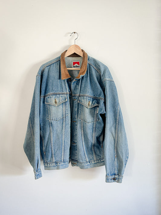 80s Western Style Marlboro Denim Jacket with Leather Collar | Vintage Denim Jacket