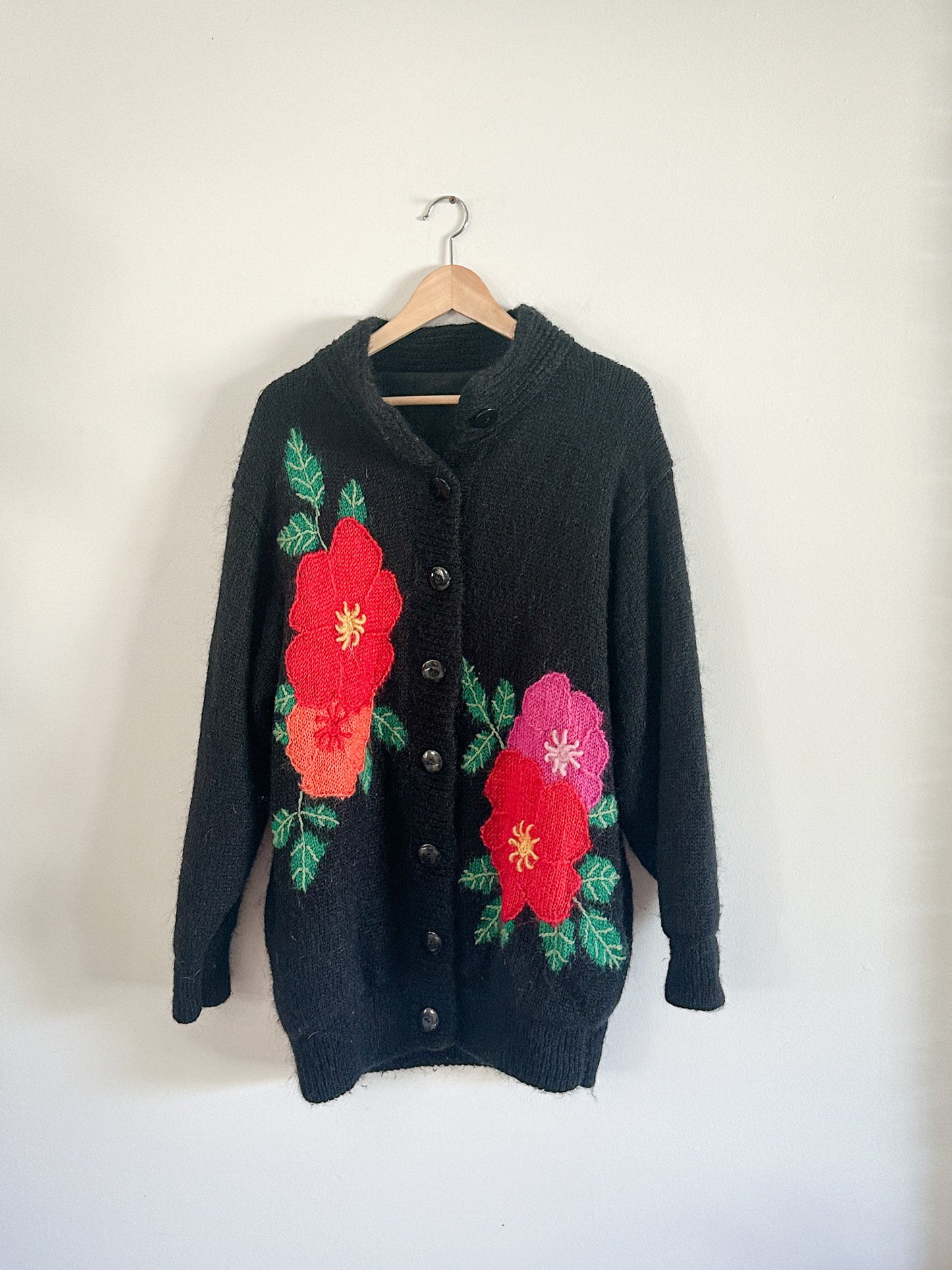 90s Black Mohair Vintage Cardigan with Knitted Flower detail | Size: Large