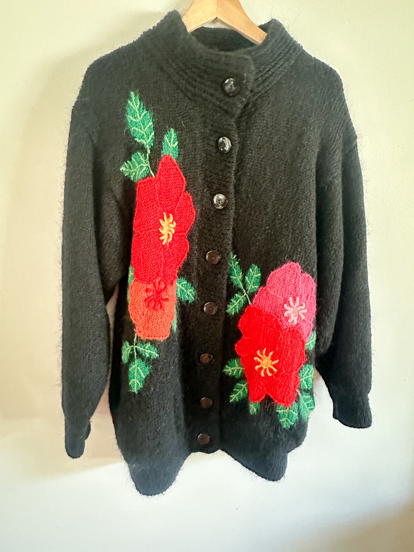 90s Black Mohair Vintage Cardigan with Knitted Flower detail | Size: Large