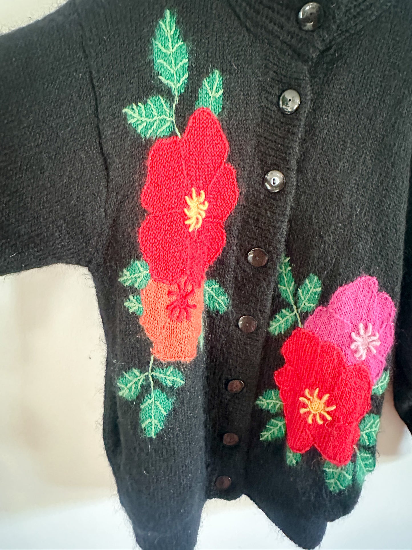 90s Black Mohair Vintage Cardigan with Knitted Flower detail | Size: Large