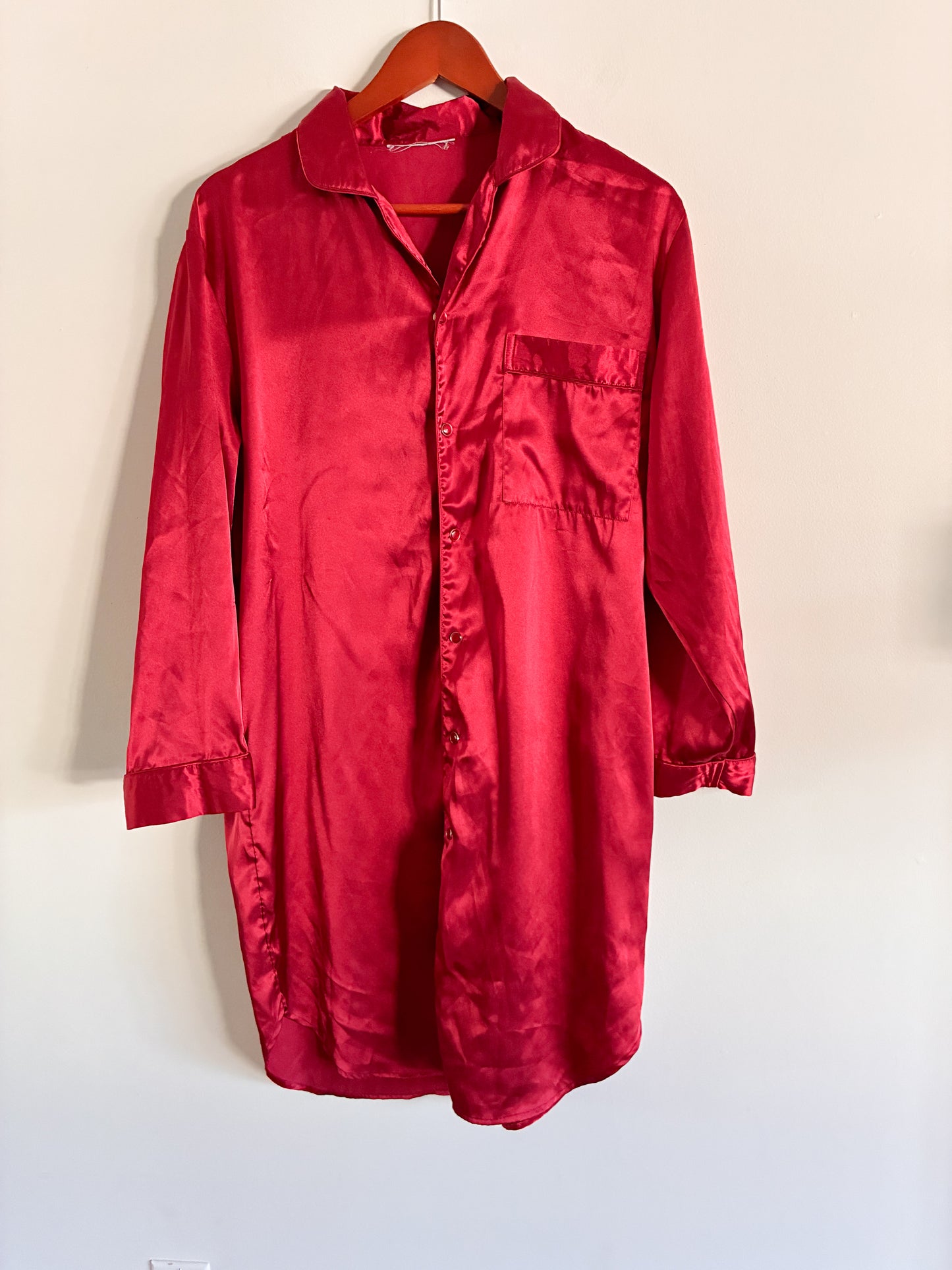 Vintage Long Sleeve Nightgown Snap Front Medium Red Loungewear