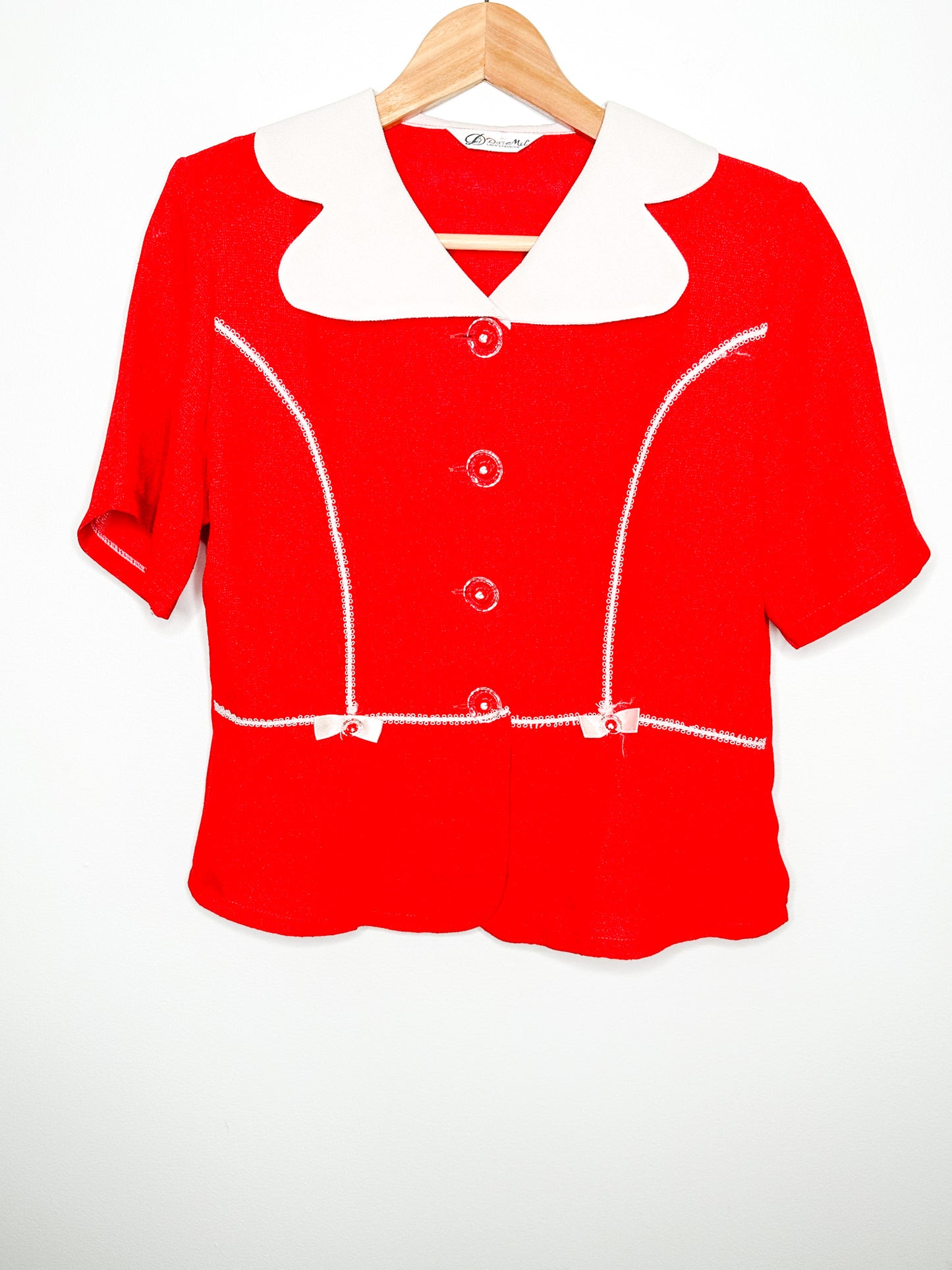 Vintage DareMel Lady's Fashion Red and White Peplum Blouse with lace detailing