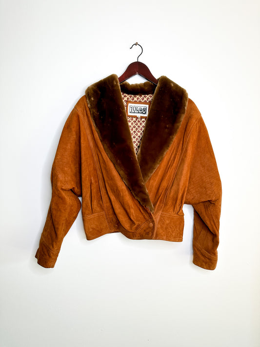 Vintage DECO cropped Leather Jacket with Faux Fur Trim| Leather Coat| Vintage lined leather coats| SIZE: 38