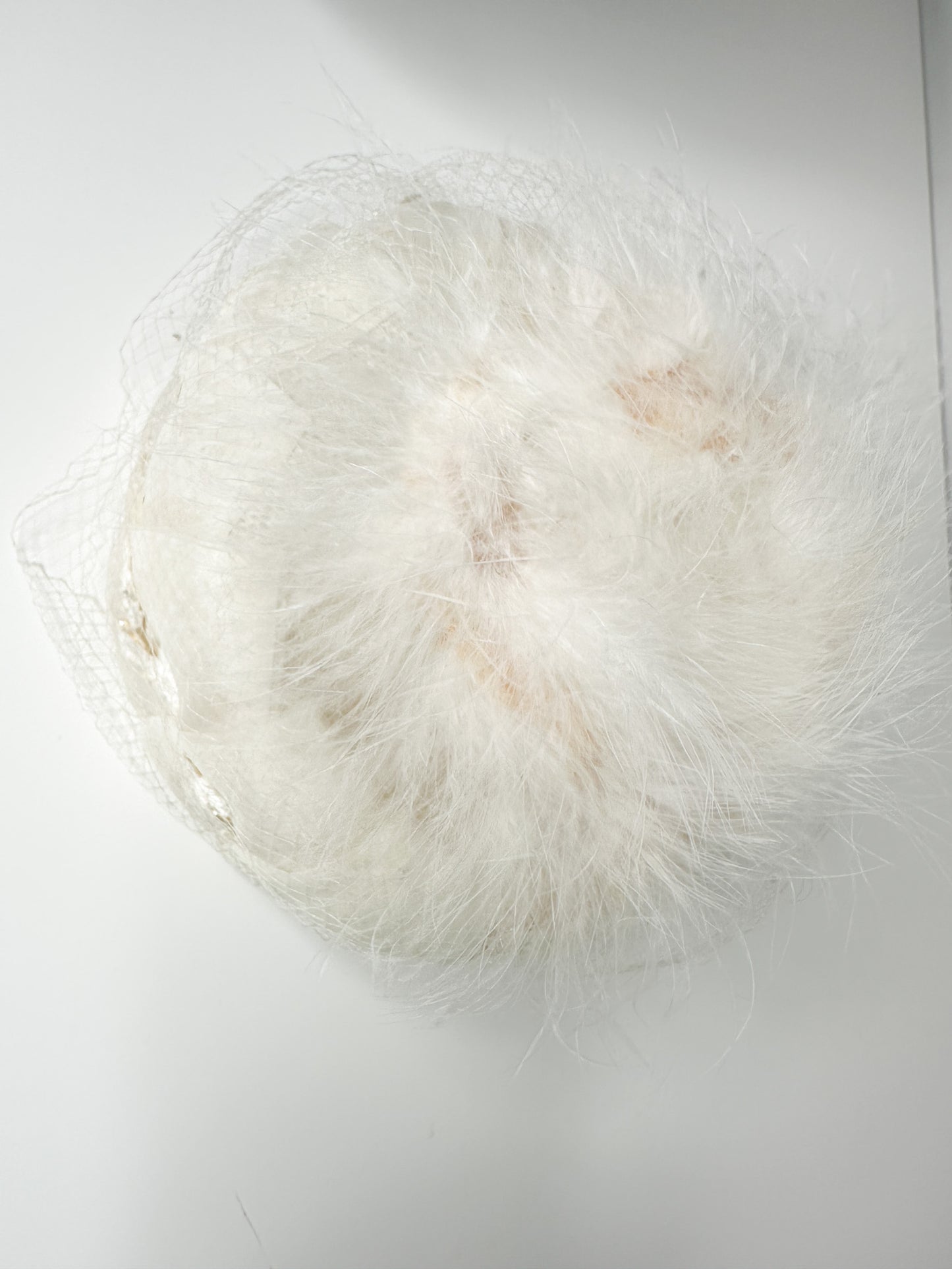 Vintage White Velvet Veiled Wedding Hat with Feather Detail |Veiled Vintage Woven Pill box Hat | 1960s rounded hat