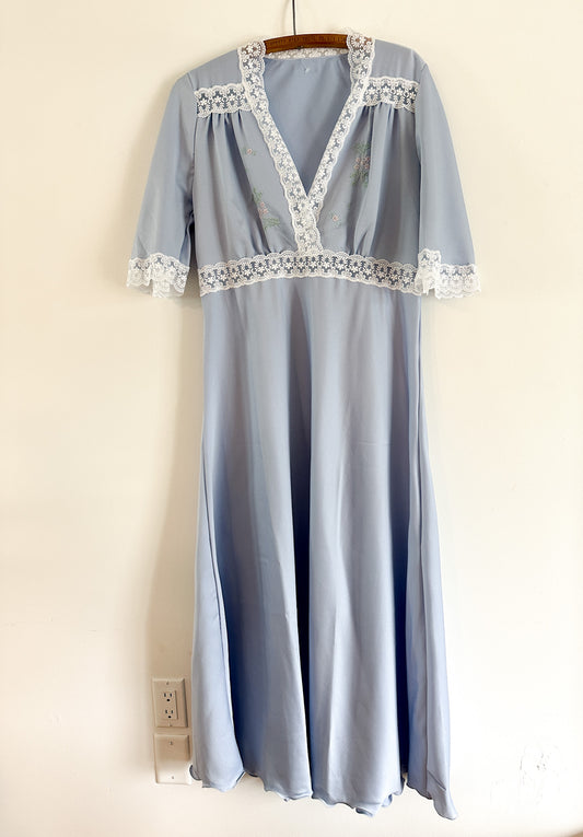 Vintage Baby Blue Full Length A-Line Nightgown with White lace Detailing( Fits M/L)