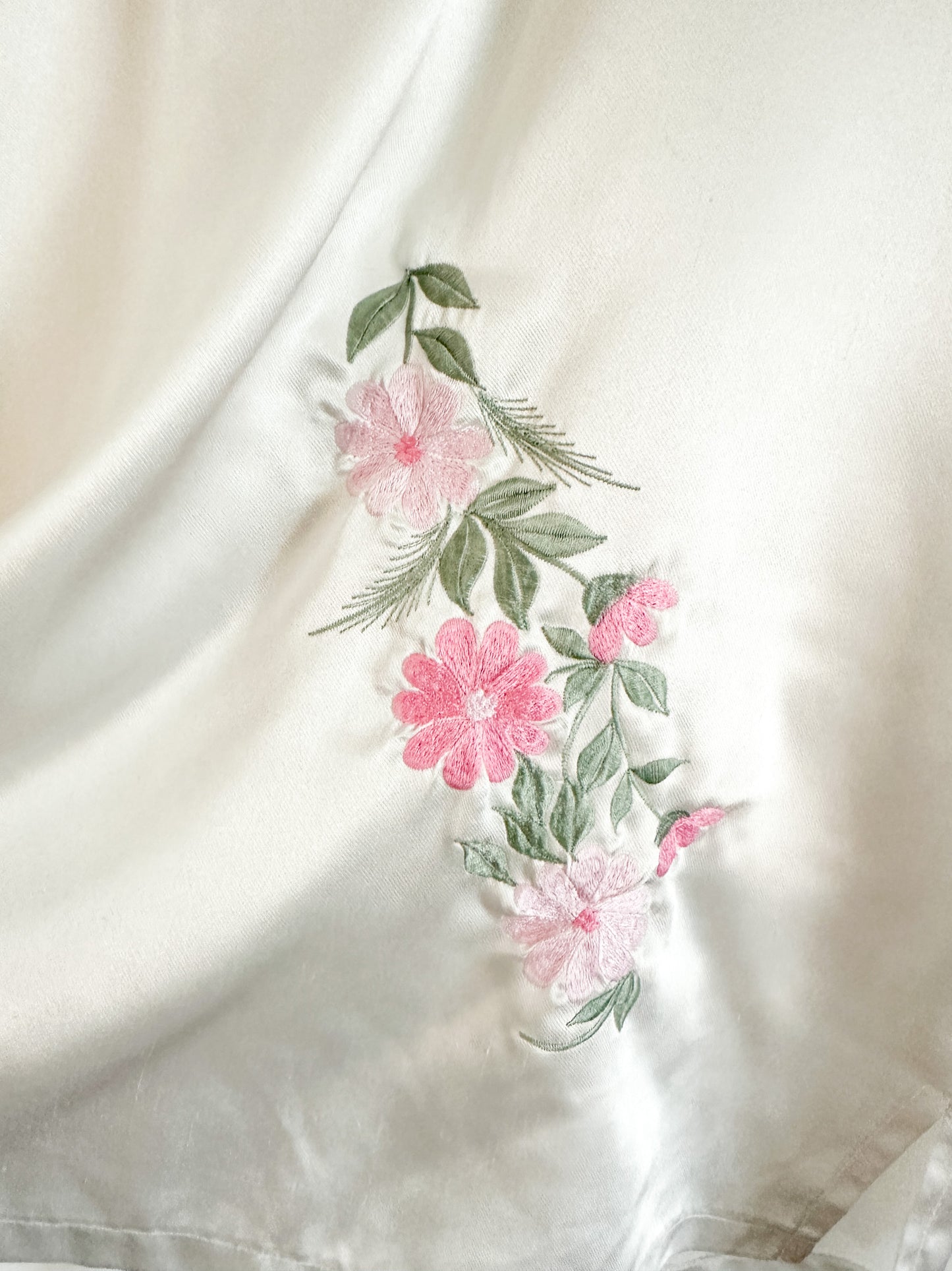 White Satin PJ Set with Pink Embroidered Floral Detailing