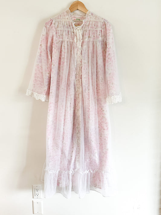 Vintage Pink Floral Duster/Nightgown with Sheer Overlay and Ruffled Edges