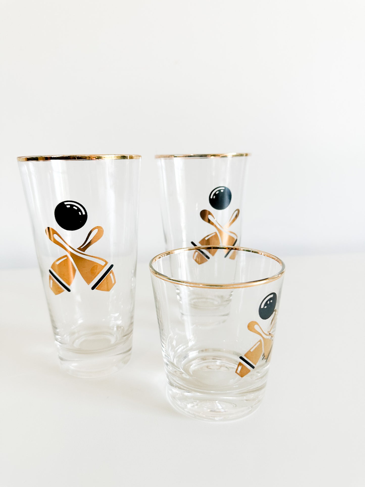 Set of 3 Vintage Bowling Ball Drinking Glasses | Bowling Ball cocktail Glass