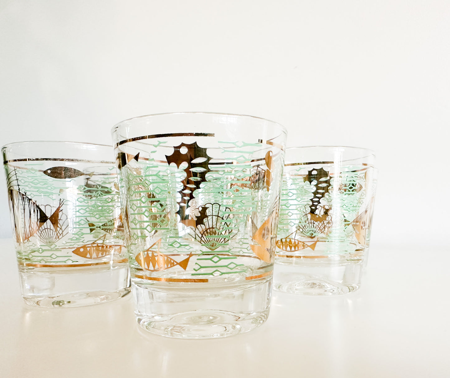Set of 8 Libbey Glass Marine Life Cocktail Lowball Glasses| Vintage 1950s Barware