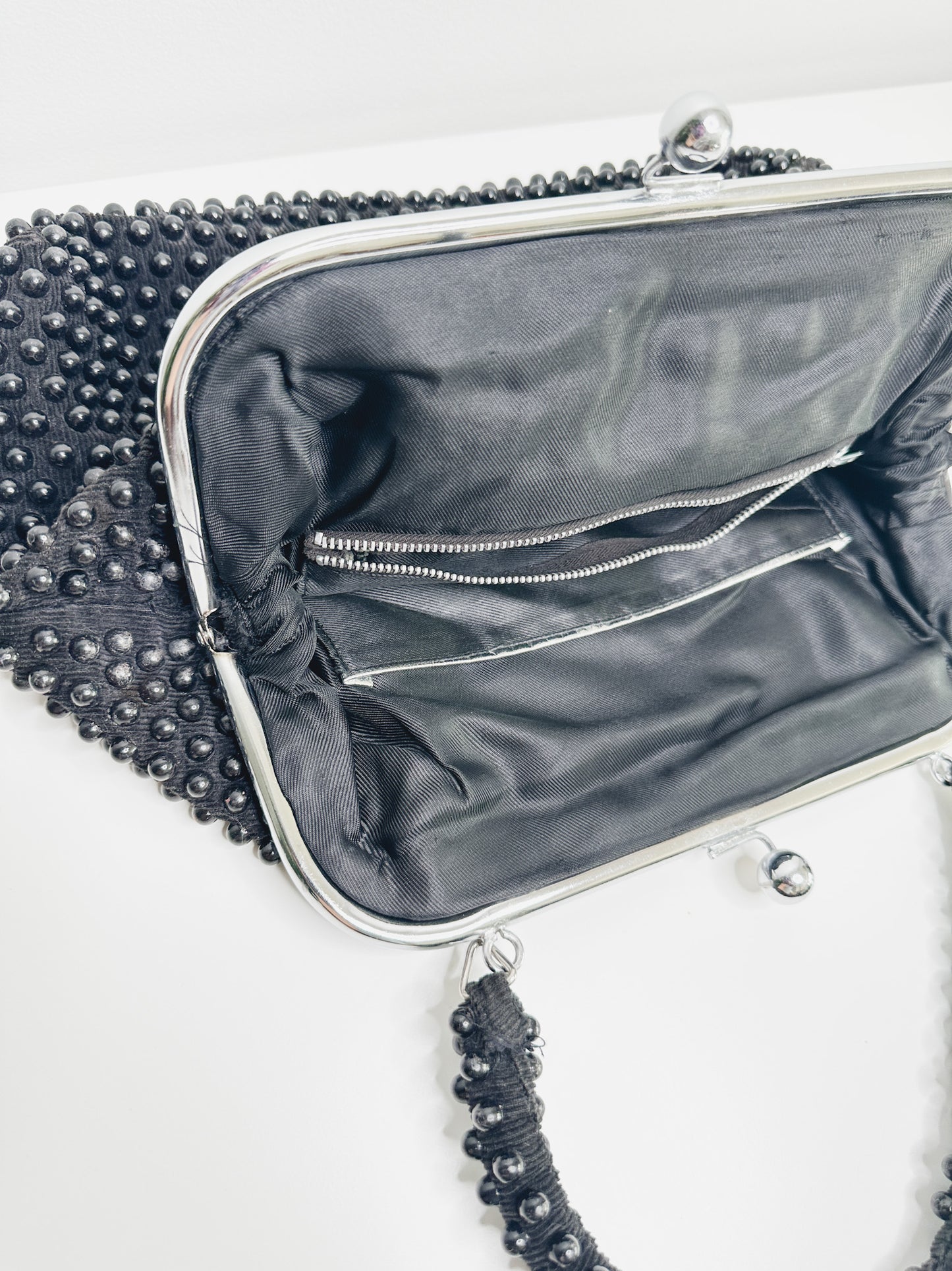 Vintage Black Beaded Cocktail/Evening Purse with silver detail