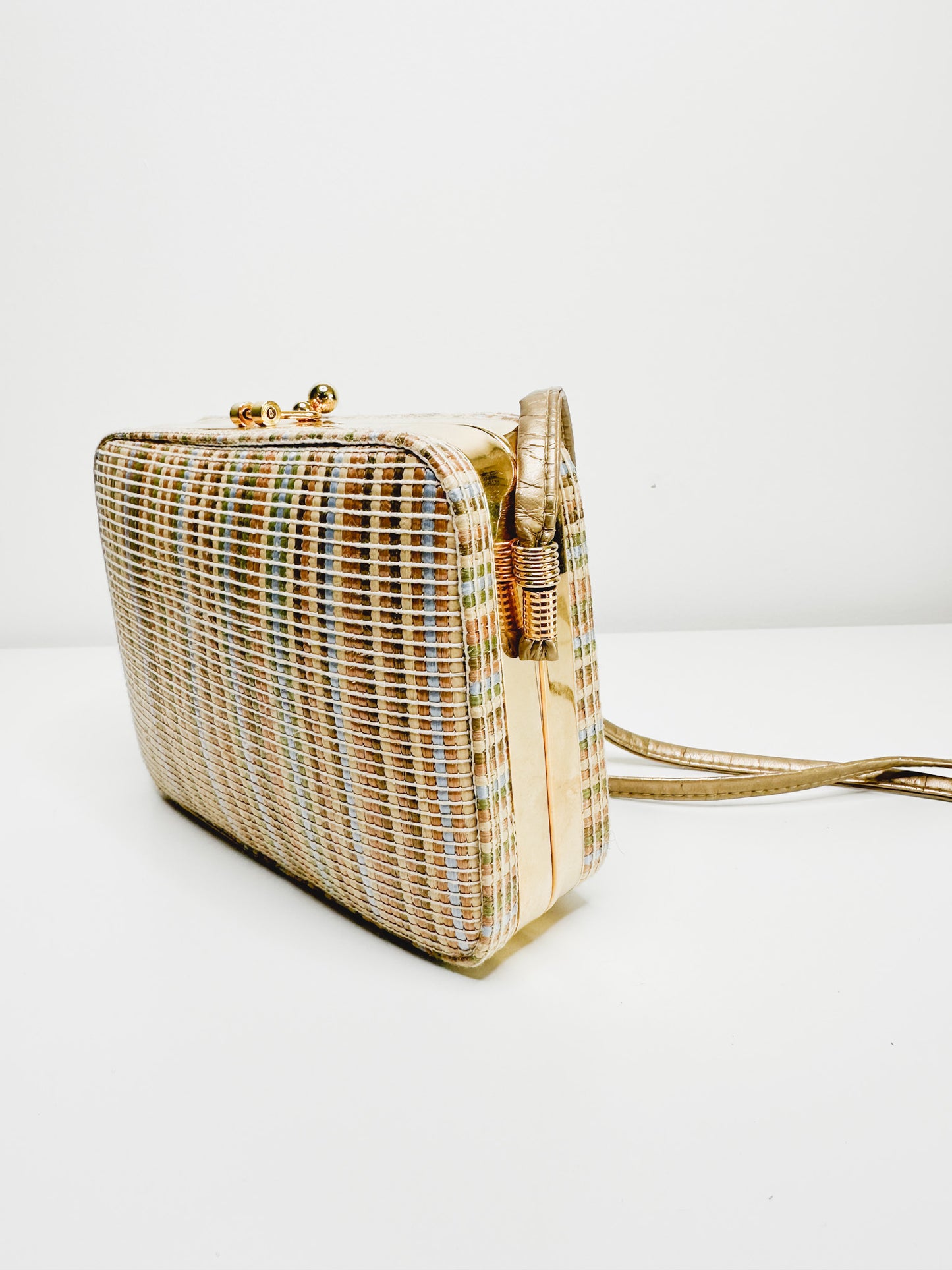 Woven Quilted Crossbody Purse with Gold Detailing