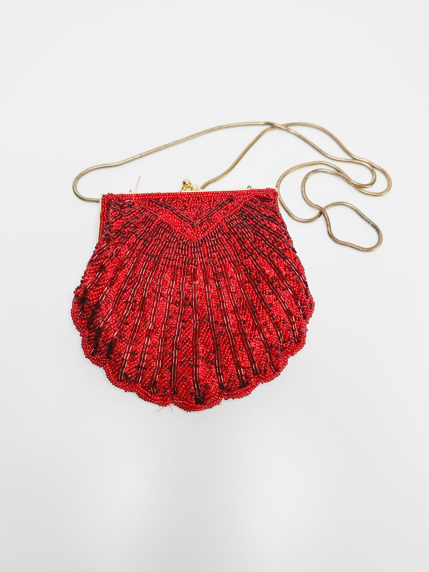 Red Beaded Shell Shaped Cocktail Purse with Gold Hardware