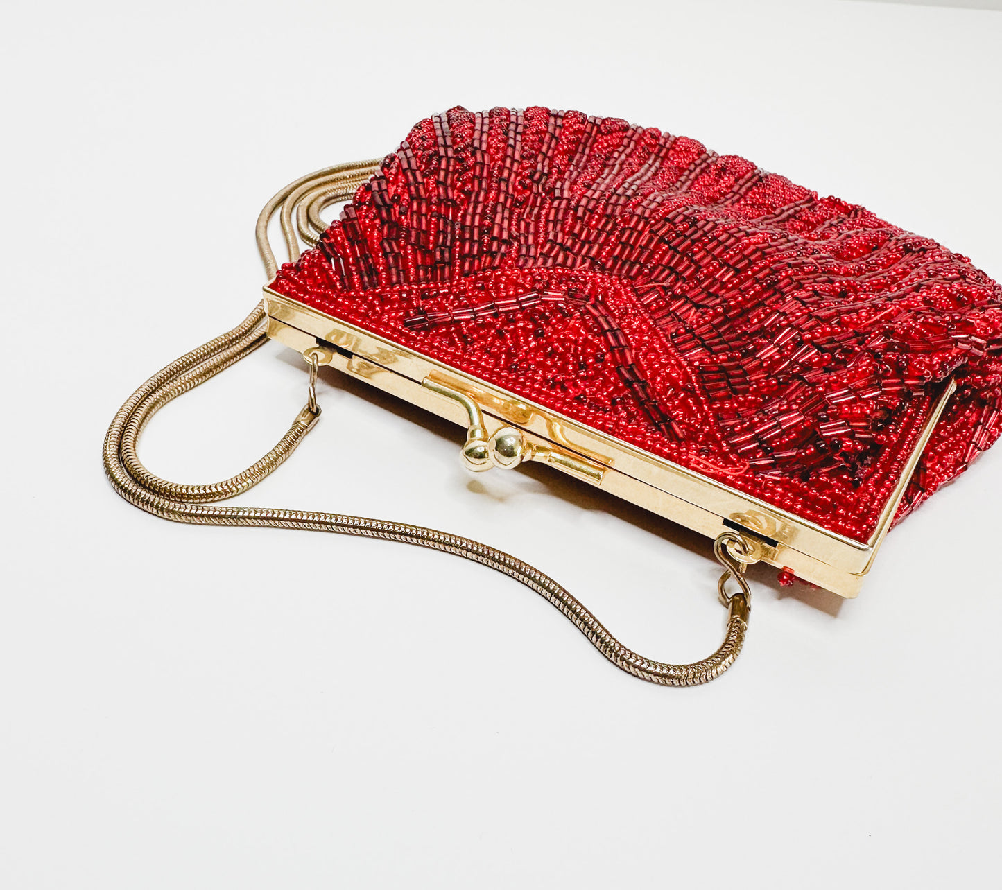Red Beaded Shell Shaped Cocktail Purse with Gold Hardware