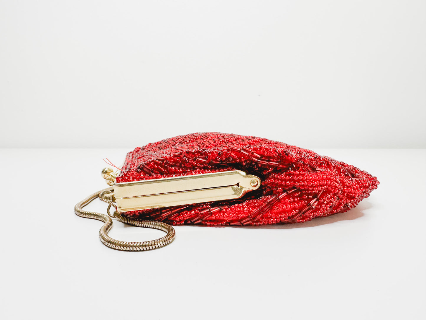 Red Beaded Shell Shaped Cocktail Purse with Gold Hardware