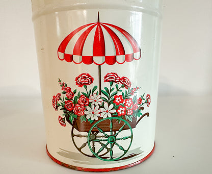 Vintage Decoware featuring Floral Wagon and Sun Umbrella Motif Red & White Canisters | Retro Deco-ware Canister