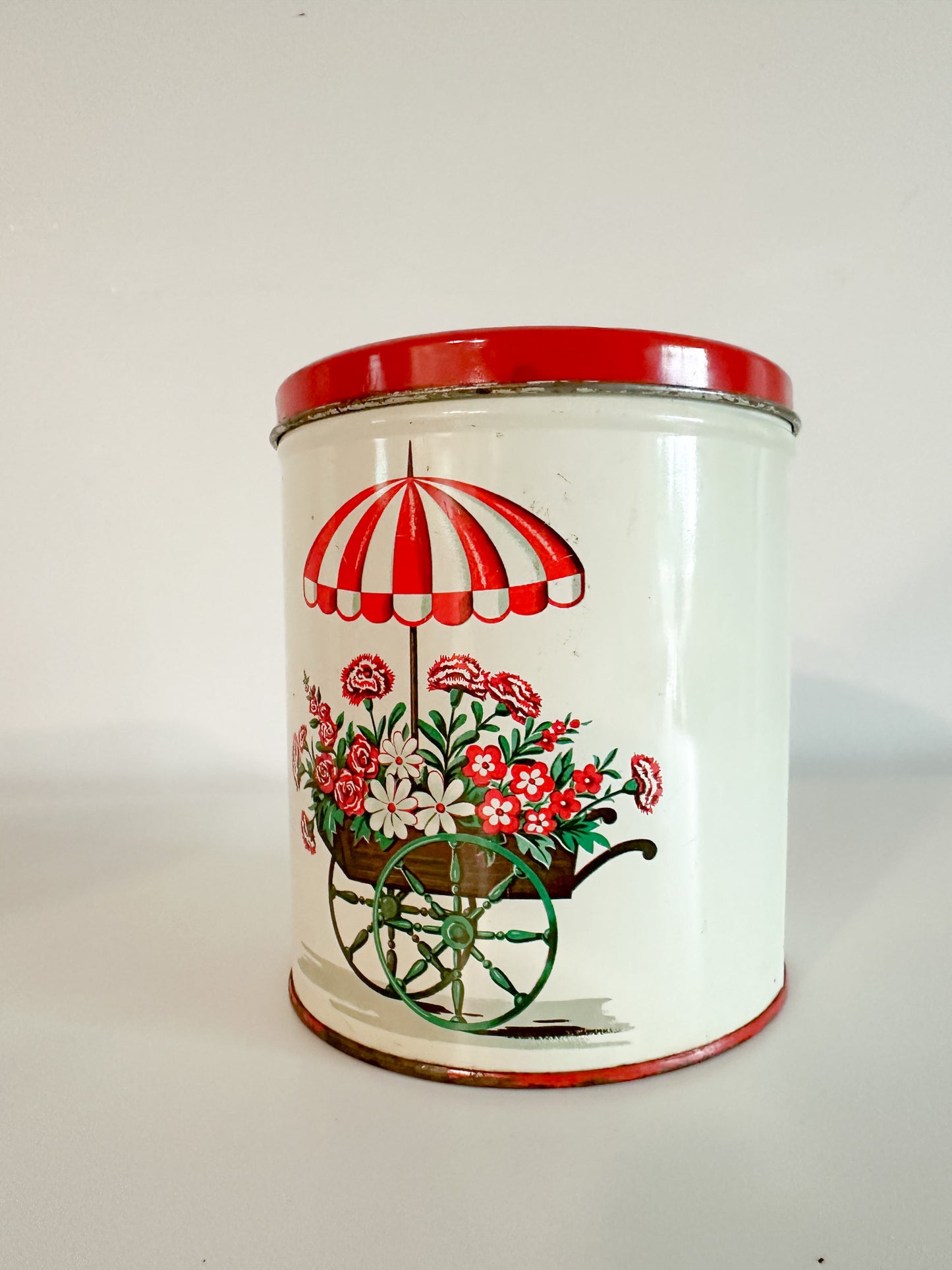 Vintage Decoware featuring Floral Wagon and Sun Umbrella Motif Red & White Canisters | Retro Deco-ware Canister