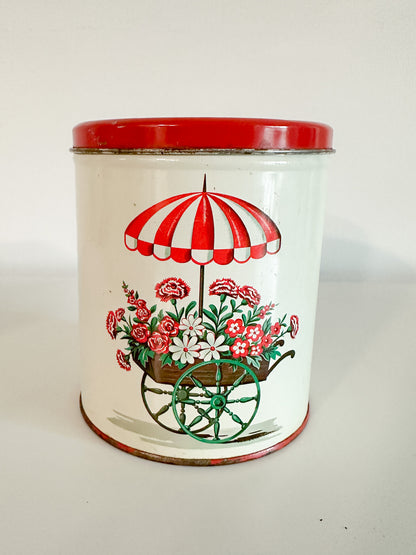 Vintage Decoware featuring Floral Wagon and Sun Umbrella Motif Red & White Canisters | Retro Deco-ware Canister