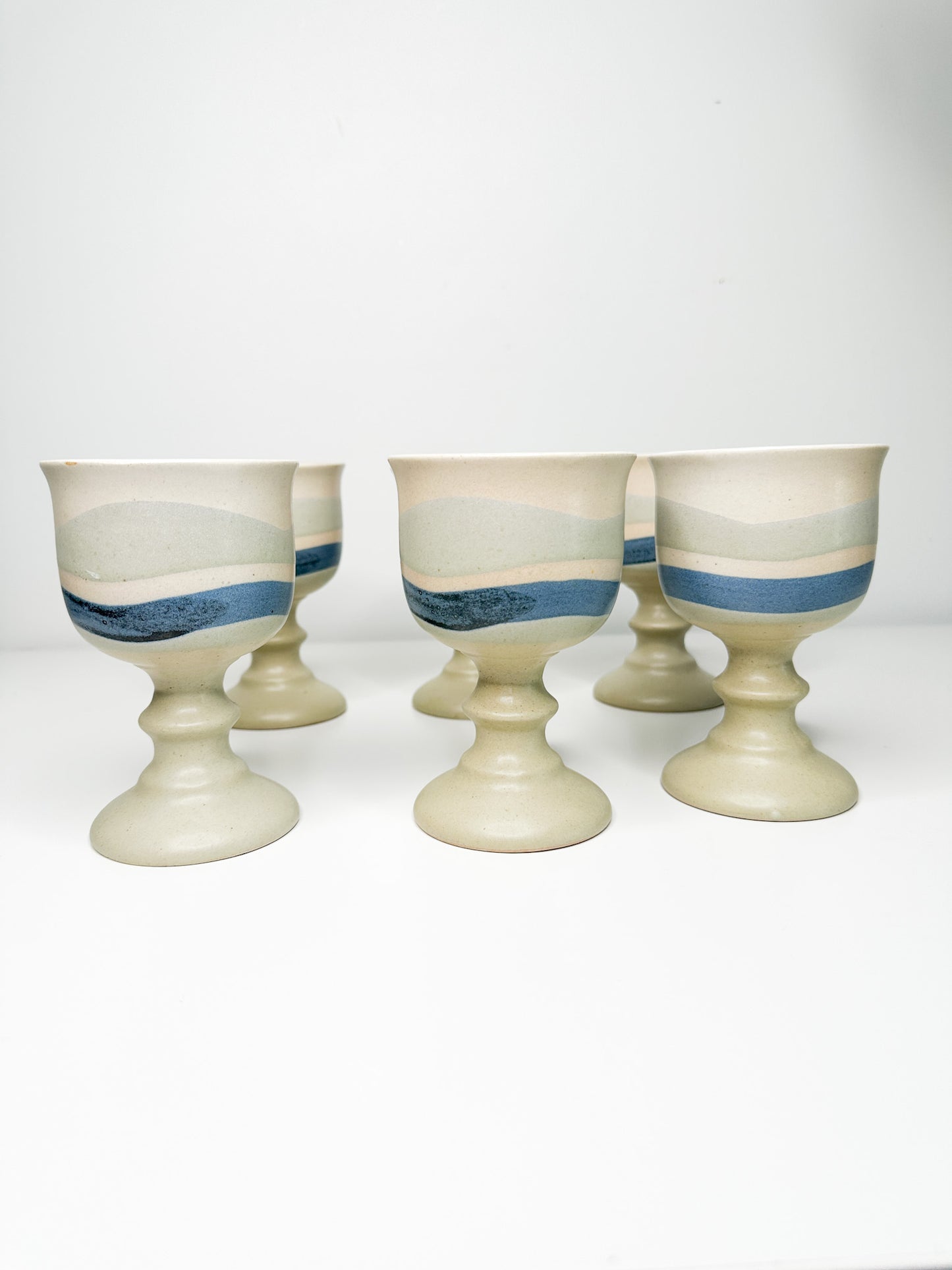 Lot of 6 Vintage Ceramic Goblets | Vintage Stone Goblets with Blue Glaze