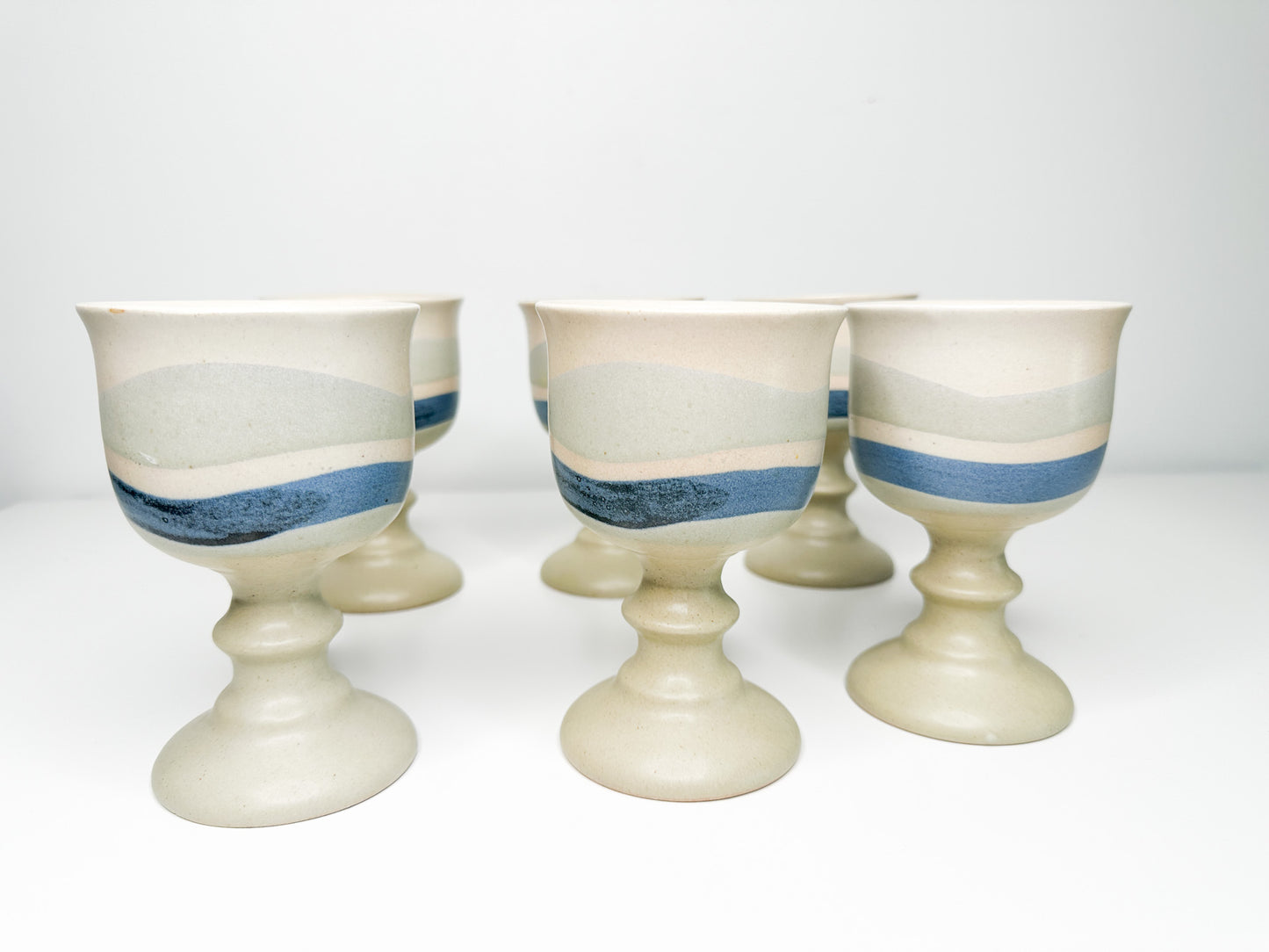 Lot of 6 Vintage Ceramic Goblets | Vintage Stone Goblets with Blue Glaze