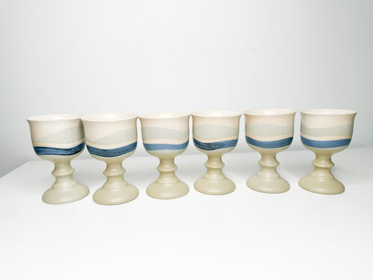 Lot of 6 Vintage Ceramic Goblets | Vintage Stone Goblets with Blue Glaze