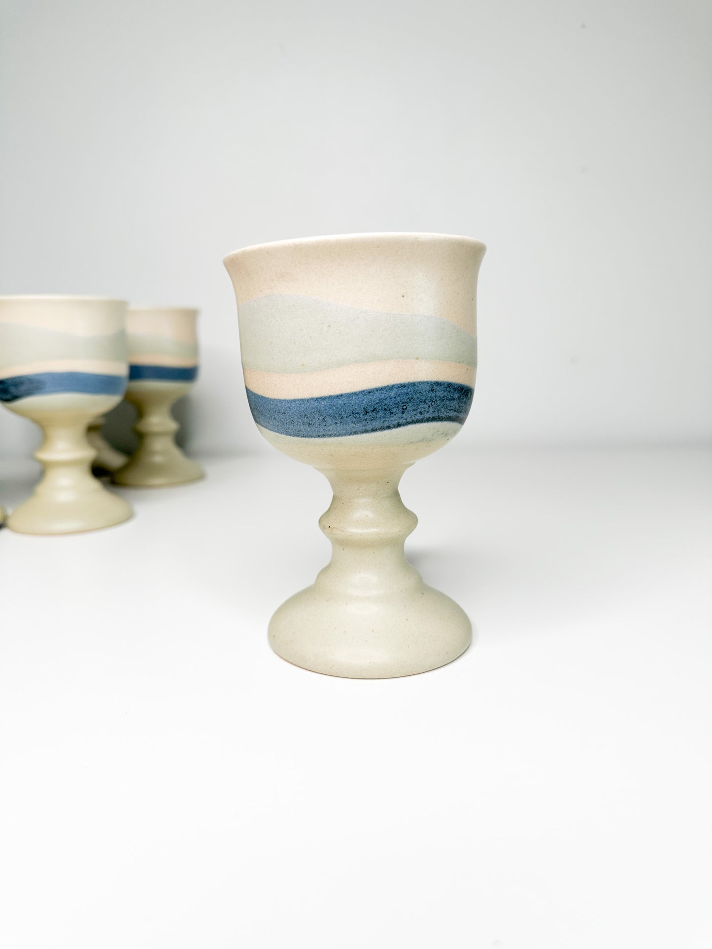 Lot of 6 Vintage Ceramic Goblets | Vintage Stone Goblets with Blue Glaze