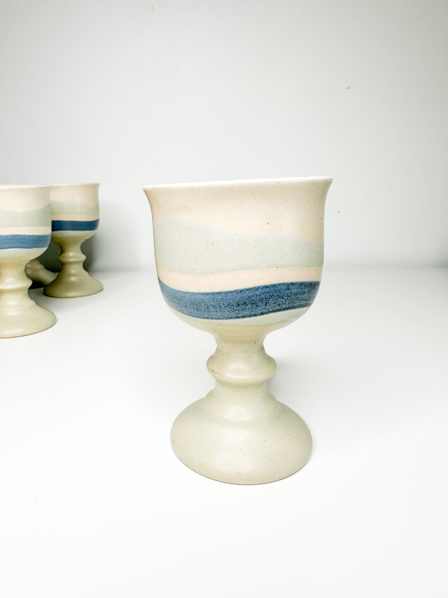 Lot of 6 Vintage Ceramic Goblets | Vintage Stone Goblets with Blue Glaze